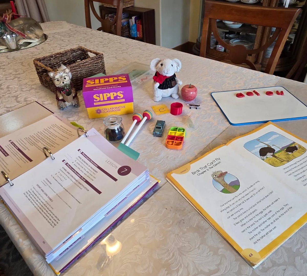 Lesson table set with a SIPPS teacher binder, card decks, a decodable reader, letter tiles and small manipulatives